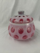 Vintage Fenton Cranberry Opalescent Coin Dot Large Covered Candy Jar Glass 6.25” picture