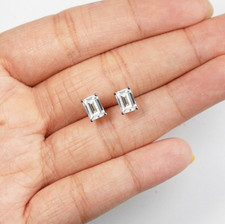 2 Ct Emerald Cut VVS1/D Lab Created Stud Earrings 14k White Gold 7mm Push Back picture