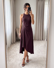Reiss Micah Burgundy Sleeveless Asymmetric Midi Dress Draped Waist picture