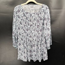 J. Jill pleated front blue floral bell sleeve boho tunic top scandi chic L picture