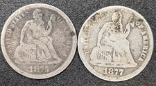 1875-CC and 1877-CC U.S. 10C Seated Liberty Seated Dimes 1875 Above Bow Mint picture