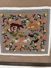 OLD VTG Hand Embroidered Tranquil Animal Scene Framed w/Glass Wall Art UNIQUE picture