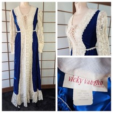 Vtg 60s Vicky Vaughn Royal Blue Velvet Lace Prairie Dress Gunne Style Lace-up picture