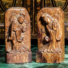 Lovely Chinese Antique Pair Carved Soapstone Stone Plaques Bookends Chinoiserie picture