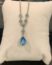10K White Gold Blue Topaz Pear Cut Lavalier Necklace 18” Excellent Condition picture