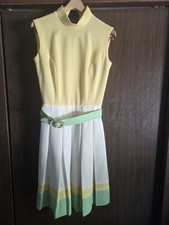 VTG 70s Double Knit Polyester Yellow/White/Green Fitted Lester Paul Medium Dress picture