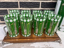 8 MCM  Georges Briard Golf Theme Hi  Ball Glasses Gold Gilt green w/ Carrier picture