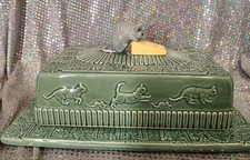 Vtg Bordallo Pinheiro Green Cheese Tray Cat & Mouse With Lid  Read Description picture