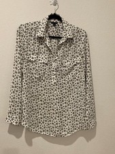 Ann Taylor White Green Starburst Floral Split Neck Blouse M picture