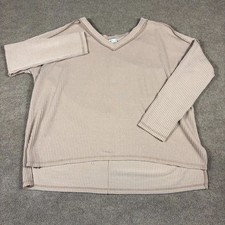Zenana Top Womens L/XL Beige Waffle Corded Ribbed V-Neck Hi-Low Hem Oversized picture