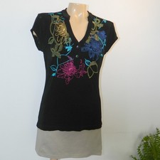 Chico's Travelers Top Women Size 0 Black Floral Embroidered V-Neck Cap Sleeve picture