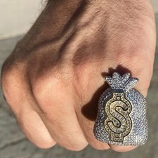 Men's Huge 925 Silver Money Bag $ Dollar Sign Iced Flooded Out CZ Hip Hop Ring picture