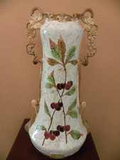 An Antique Art Nouveau Joseph Strnact Bohemian Pottery Vase Cherries Decorated  picture
