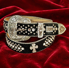 b.b.simon XL Black & Silver Wide Bling Belt Rhinestone Studded Cross Buckle picture