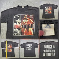 VTG The Rock T Shirt Mens L Black WWF Wrestling Layeth Smacketh Down AAA 2000 picture