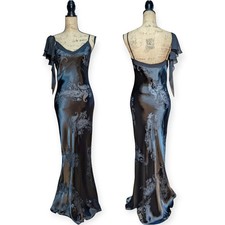 90s Y2K Monsoon Black Sequin Paisley Burnout Asymmetric Flutter Slip Maxi Gown picture
