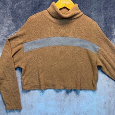 Moa Moa Turtleneck Top Womens Brown Boxy S Cozy Knit Ribbed Contrast Panel USA picture