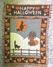 MWW 1991 Happy Halloween Tapestry Woven Door Hang Vintage Witch Cat 23” X 30” picture