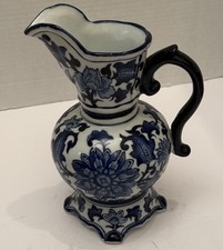 Gorgeous Vintage Blue And White Pitcher 8.75” Tall picture
