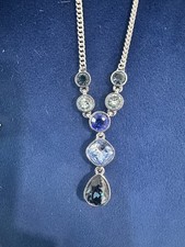 GIVENCHY Signed Blue Green Crystal Y Drop Necklace Silver Tone Statement picture