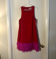Trina Turk 14 Shift Party Dress Round Neck Sleeveless Red Pink Feather Hem picture