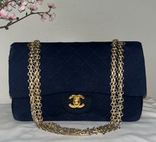 CHANEL Vintage Medium Double Flap Jersey Quilted Handbag Navy / 24K Gold picture
