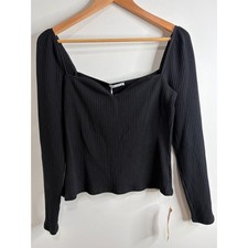 Reformation October Knit Top Black Ribbed Long Sleeve Square Neck XL Minimalist picture