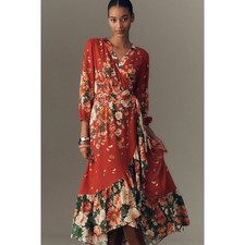 New Anthropologie Farm Rio Long-Sleeve Floral Wrap Midi Dress $268 X-SMALL Red picture