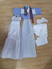 Korean Traditional Hanbok Dress Full Set Blue Jeogori Grey Skirt Accessories picture