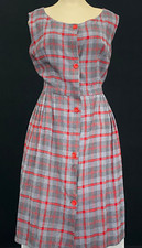 Vintage 1950s red gray plaid dress, sleeveless shirt S M picture
