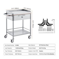 2-Tier Stainless Steel Cart Mobile Lab Utility Cart with Drawer Medical picture