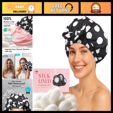 Luxury Silk Lined Shower Cap for Women - Reusable Waterproof, Adjustable, Non-Sl picture