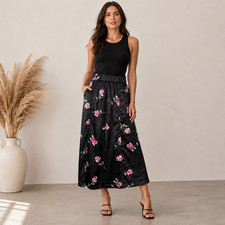 GANNI Crinkled Satin Midi Skirt 36 US 4 Black Pink Rose Floral Elastic Waist picture