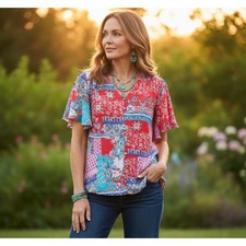 Chico's S 4 6 Top Patchwork V Neck Flutter Peplum Art Dopamine Festival Boho picture