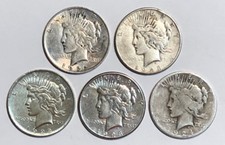 Lot of 5 Cull 1922-1935 US $1 Silver Peace Dollars, Mixed Dates & Mint Marks picture