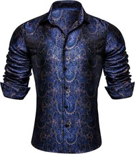 Mens Silk Paisley Western Shirt Long Sleeve Button Down Cowboy Dress Top Casual picture