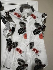 Women's 2-Piece Floral Button Collared Blouse & Green Belted Pants Set Size 14 picture