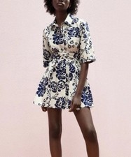 Zara Dress Floral Ivory Navy Blue Mini 100% Cotton Tie Waist Womens Size XL picture