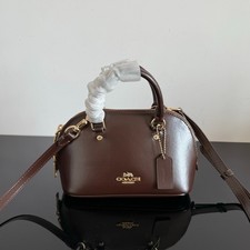 Coach Mini Shell Satchel Dark Brown Leather Top Handle Crossbody Bag Gold Tone H picture