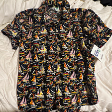 ten2one Hawaiian Men's L Black Nautical Graphic Print Button-Up Shirt Polyester picture