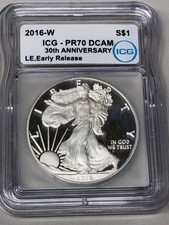 2016-W American Silver Eagle PR70 DCAM ICG Lettered Edge ER 30th Anniversary picture