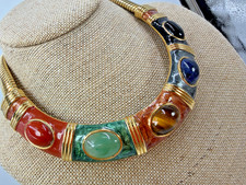 Vintage Necklace Alexis Kirk Omega Chain Stone Cabochon Royal Colors 16 in picture