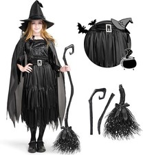 Classic Kids Witch Costume Black Witch Dress with Broom and Hat for Girls Hallow picture
