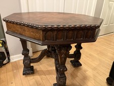 💙Rare Antique 1800s Walnut Hexagonal  Spanish Tudor Carved End Castle Table picture