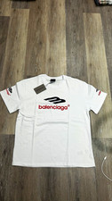 Balenciaga Men's S White Cotton Crew Neck Short Sleeve Red Logo Graphic Tee picture