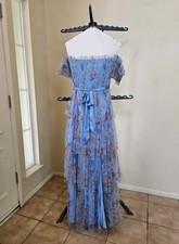 Lulus Women's Blue Floral Off-Shoulder Smocked Ruffle Tie Tulle Maxi Dress L picture