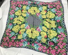 VTG Emanuel Ungaro pink yellow blue floral plaid gingham hand rolled silk scarf picture