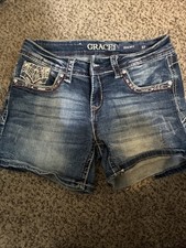 Grace in La Women's Blue Denim Distressed Embroidered Bermuda Shorts picture