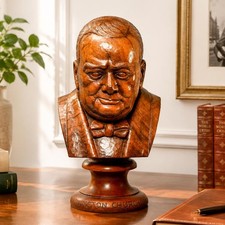 Nice Large Antique Winston Churchill Carved Wood Bust Statue Sculpture picture
