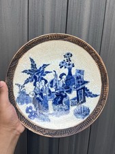 Gorgeous Antique 19th Century Blue And White Crackle Glaze Charger Qing Dynasty  picture